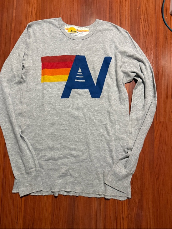 Aviator Nation Other - Aviator Nation Heather Gray Long Sleeve Tee with Blue Logo and Retro Stripes